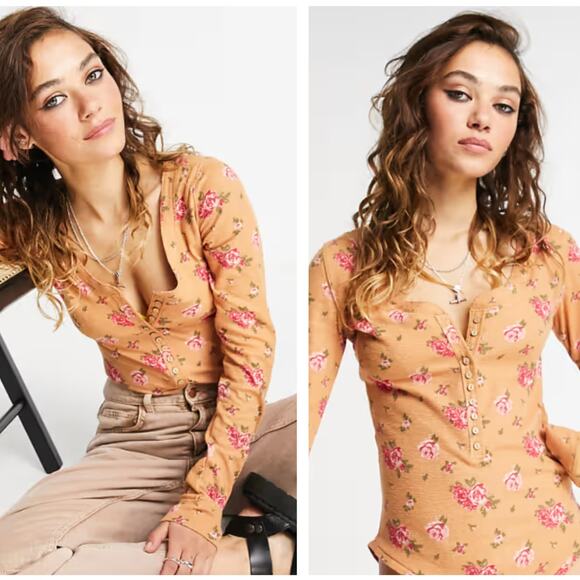 Free People Tops - FREE PEOPLE Dylan Thermal Printed Floral Bodysuit Orange Pink Floral Sz L {3F9}